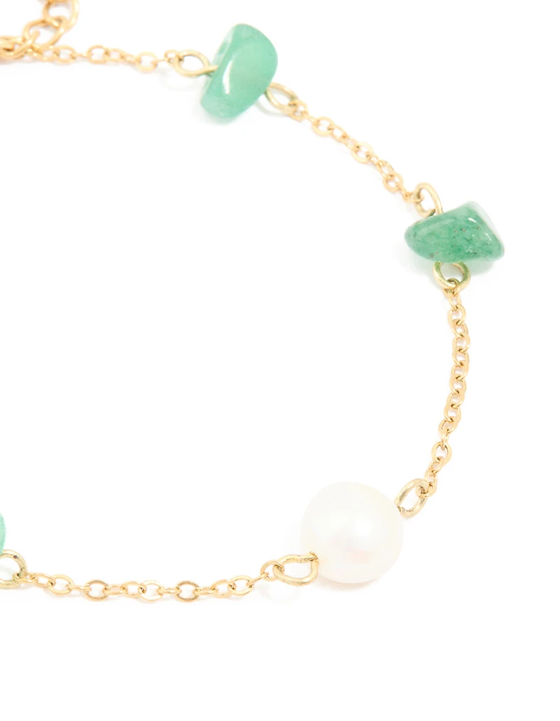 Waterproof Gold-Plated Stainless Steel Pearl & Green Semi Precious Stone Chip Bracelet