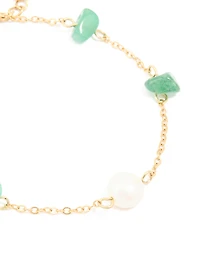 Waterproof Gold-Plated Stainless Steel Pearl & Green Semi Precious Stone Chip Bracelet