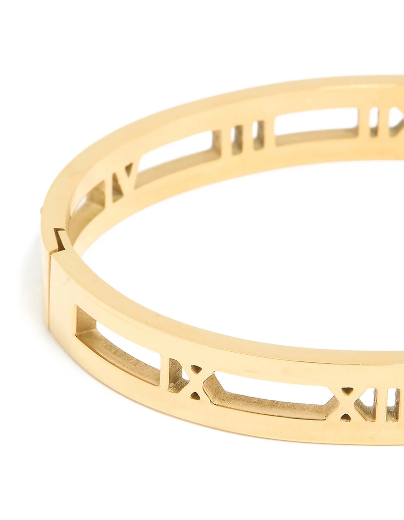 Waterproof Gold Plated Stainless Steel Diamante Roman Numeral Bangle