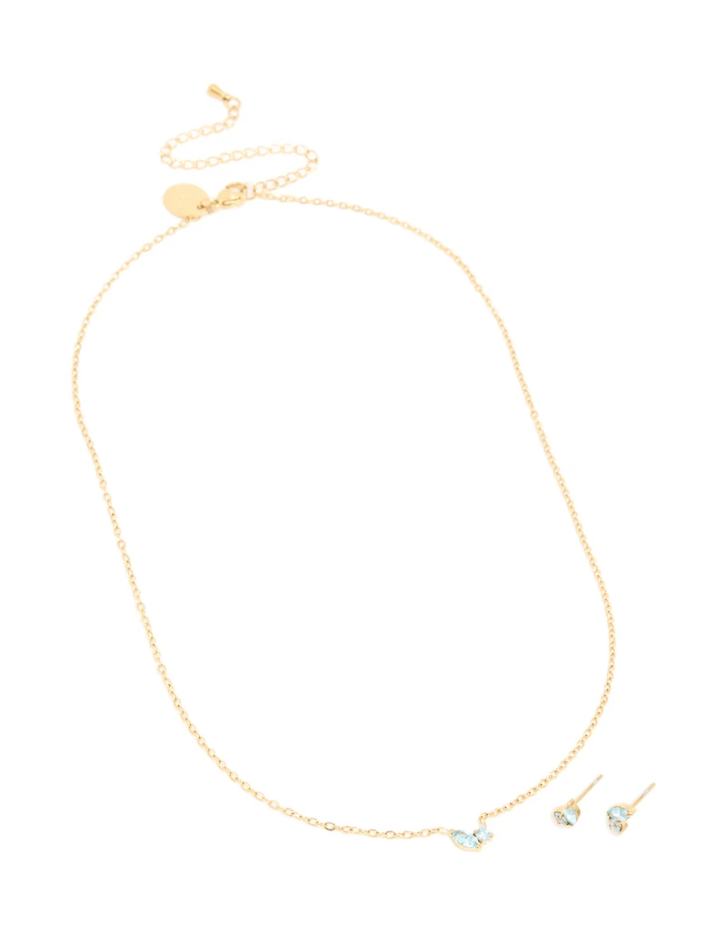 Ensemble de collier et boucles d’oreilles en pierre de naissance en zircone cubique bleu marche plaqués or et imperméable