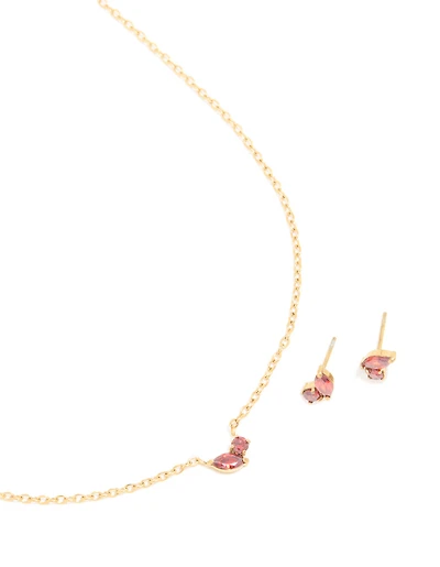 Ensemble de collier et boucles d’oreilles en pierre de naissance en zircone cubique en acier inoxydable plaqué or et imperméable