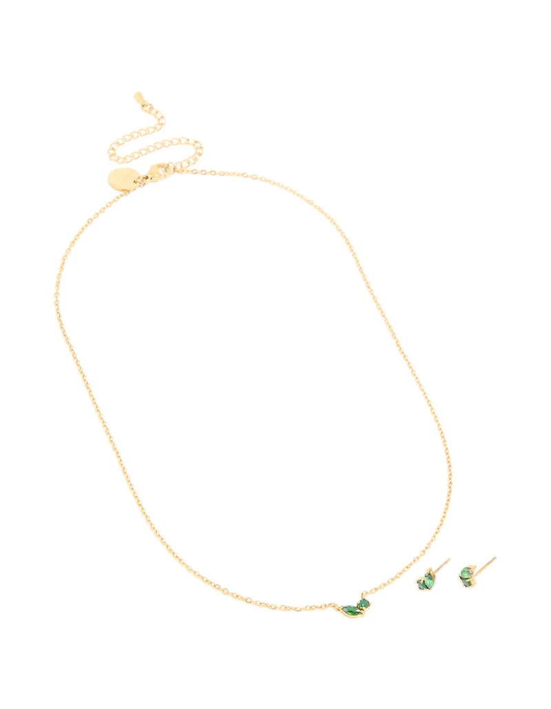 Waterproof Gold Plated Stainless Steel May Green Cubic Zirconia Birthstone Necklace & Earrings Set