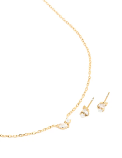 Waterproof Gold Plated Stainless Steel June Cubic Zirconia Birthstone Necklace & Earrings Set