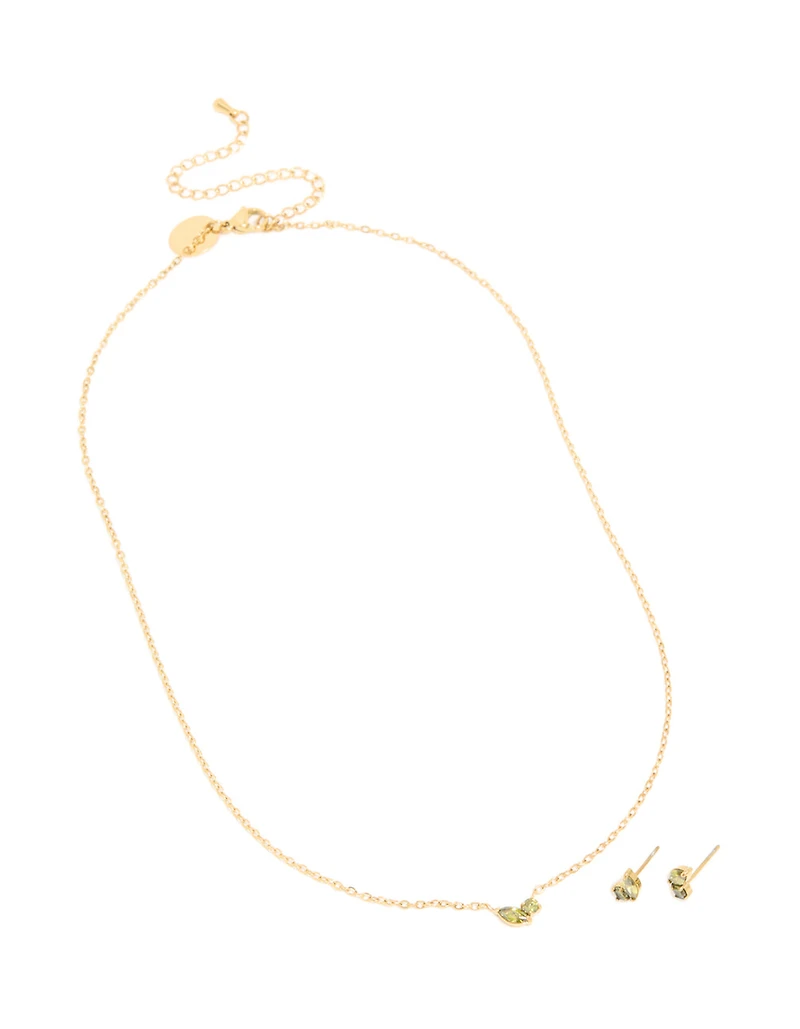 Ensemble de collier et boucles d’oreilles en pierre de naissance en zircone cubique vert clair en acier inoxydable plaqué or imperméable