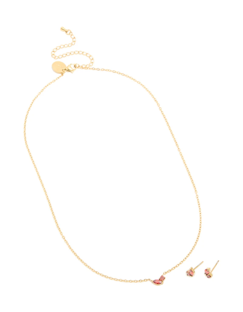 Waterproof Gold Plated Stainless Steel July Red Cubic Zirconia Birthstone Necklace & Earrings Set