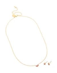 Waterproof Gold Plated Stainless Steel July Red Cubic Zirconia Birthstone Necklace & Earrings Set