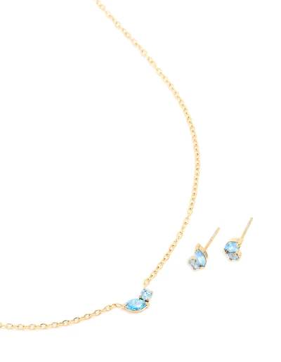 Waterproof Gold Plated Stainless Steel December Cubic Zirconia Blue Birthstone Necklace & Earrings Set