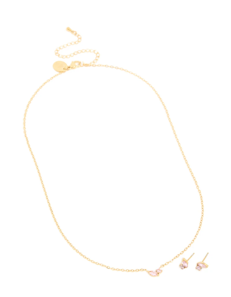 Ensemble de collier et boucles d’oreilles en pierre de naissance en zircone rose rose en acier inoxydable en acier inoxydable imperméable