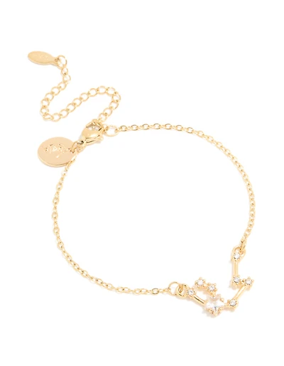 Waterproof Gold Plated Stainless Steel Cubic Zirconia Aquarius Zodiac Sign Bracelet