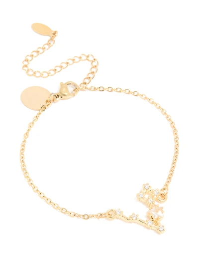 Waterproof Gold Plated Stainless Steel Cubic Zirconia Pisces Zodiac Sign Bracelet