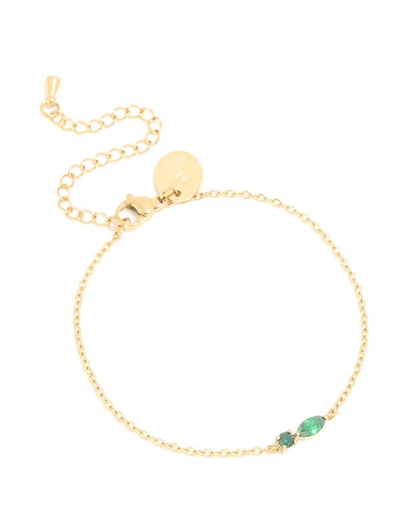 Bracelet de pierre de naissance en zircone cubique vert en acier inoxydable imperméable plaqué or