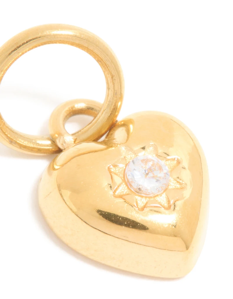 Waterproof Gold Plated Stainless Steel Cubic Zirconia Puffy Heart Charm