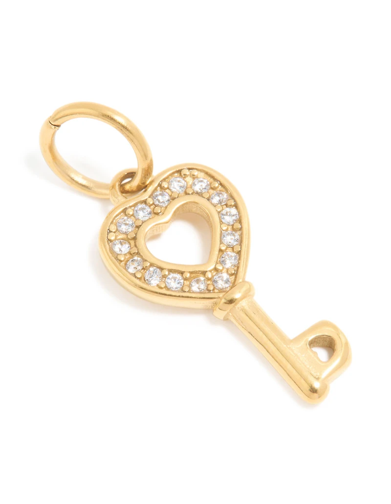 Waterproof Gold Plated Stainless Steel Cubic Zirconia Heart & Key Charm