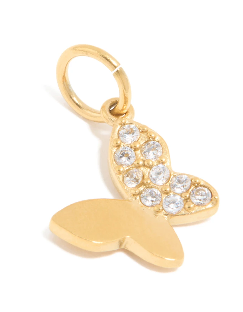 Waterproof Gold Plated Stainless Steel Cubic Zirconia Butterfly Charm