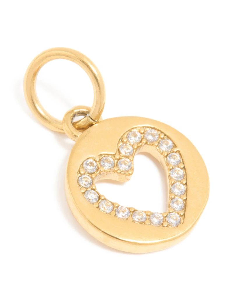 Waterproof Gold Plated Stainless Steel Cubic Zirconia Open Heart Disc Charm