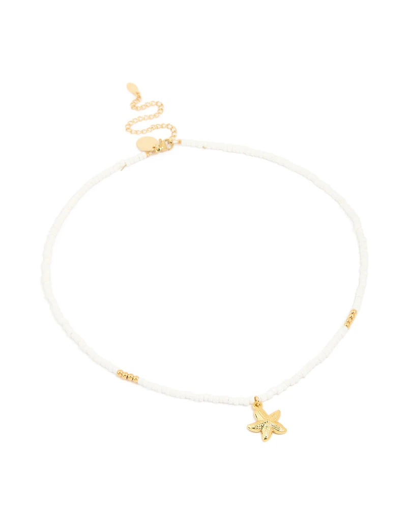 Waterproof Gold Plated Stainless Steel White Beaded Starfish Necklace