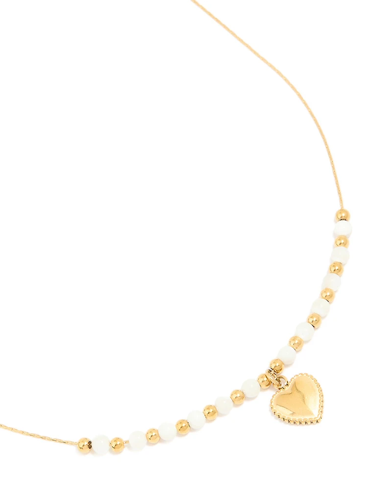 Waterproof Gold Plated Stainless Steel White Beaded Heart Pendant Necklace