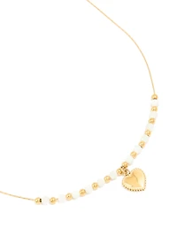 Waterproof Gold Plated Stainless Steel White Beaded Heart Pendant Necklace