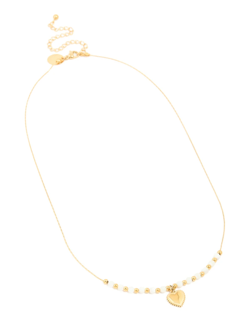 Waterproof Gold Plated Stainless Steel White Beaded Heart Pendant Necklace