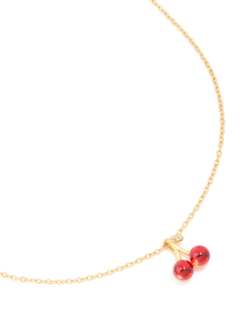 Waterproof Gold Plated Stainless Steel Red Glass Cherry Necklace