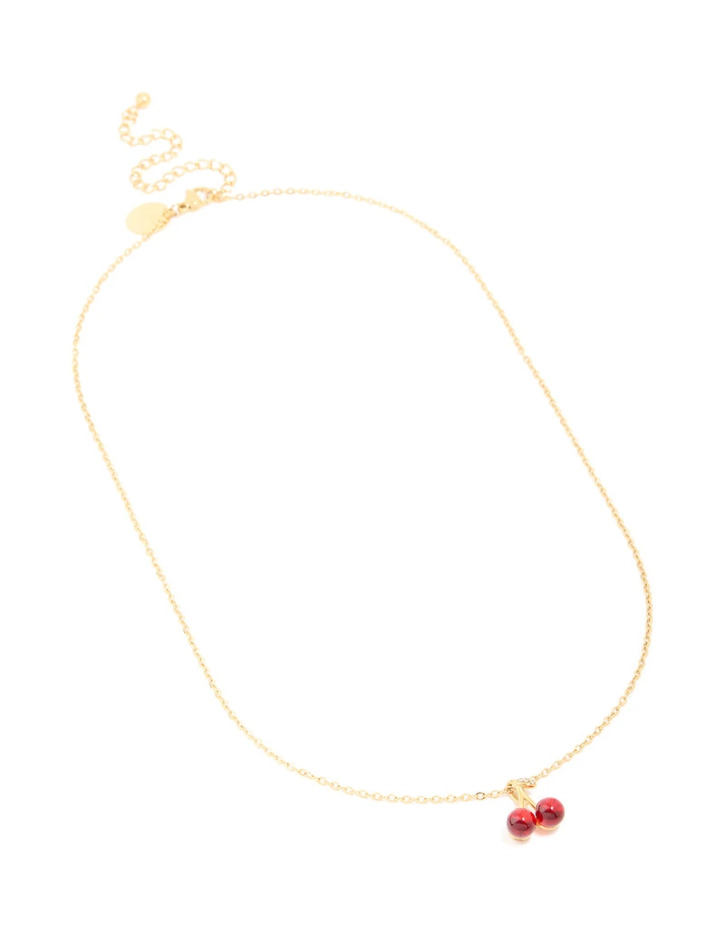 Waterproof Gold Plated Stainless Steel Red Glass Cherry Necklace