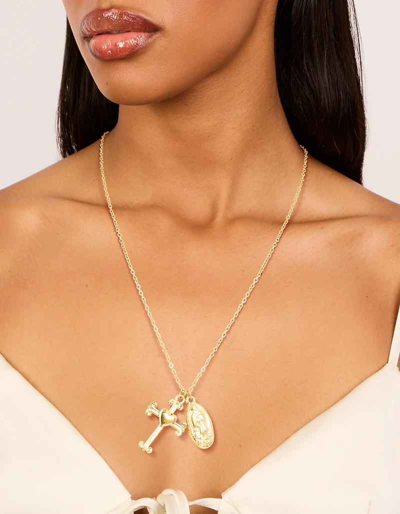 Collier pendentif croix & Marie en acier inoxydable plaqué or imperméable