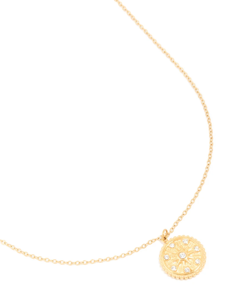 Waterproof Gold Plated Diamante Detail Sundial Pendant Necklace