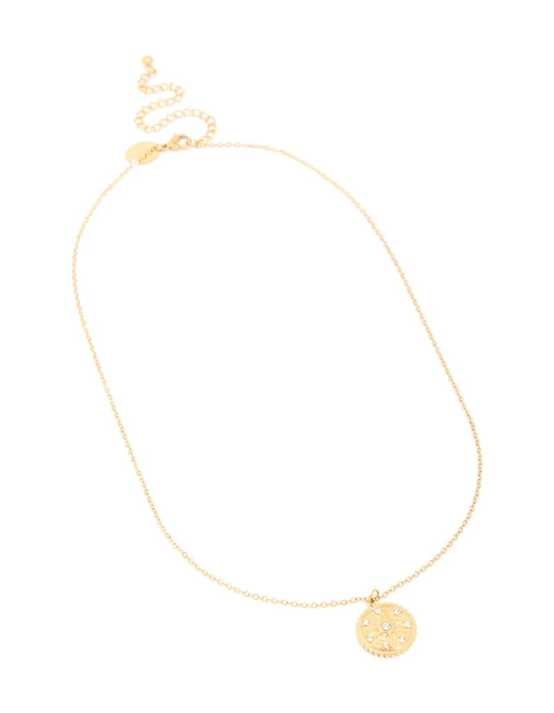 Waterproof Gold Plated Diamante Detail Sundial Pendant Necklace