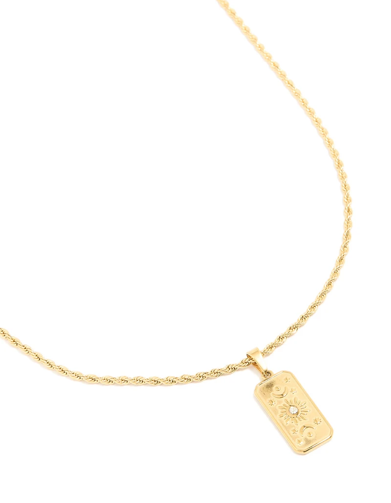 Waterproof Gold Plated Stainless Steel Cubic Zirconia Celestial Etched Tab Necklace