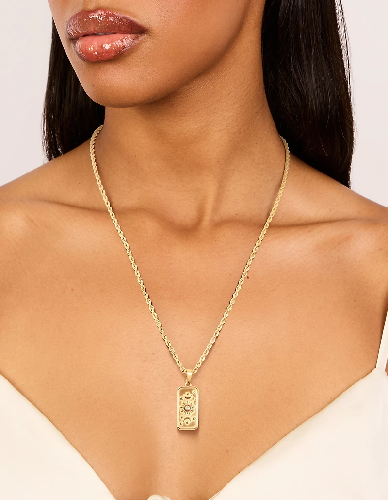 Waterproof Gold Plated Stainless Steel Cubic Zirconia Celestial Etched Tab Necklace