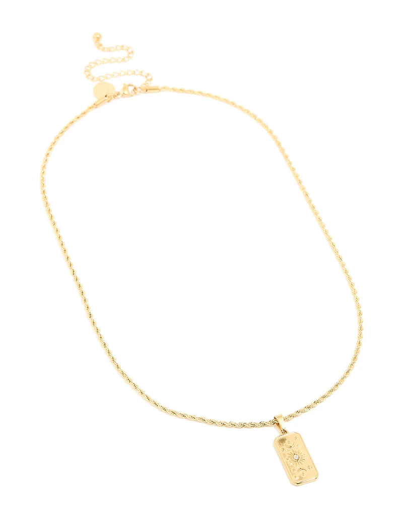 Waterproof Gold Plated Stainless Steel Cubic Zirconia Celestial Etched Tab Necklace