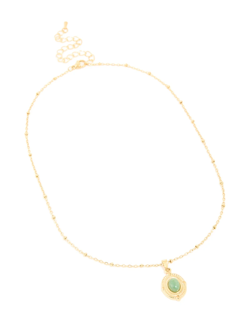 Waterproof Gold Plated Stainless Steel Green Semi Precious Stone Boho Disc Necklace