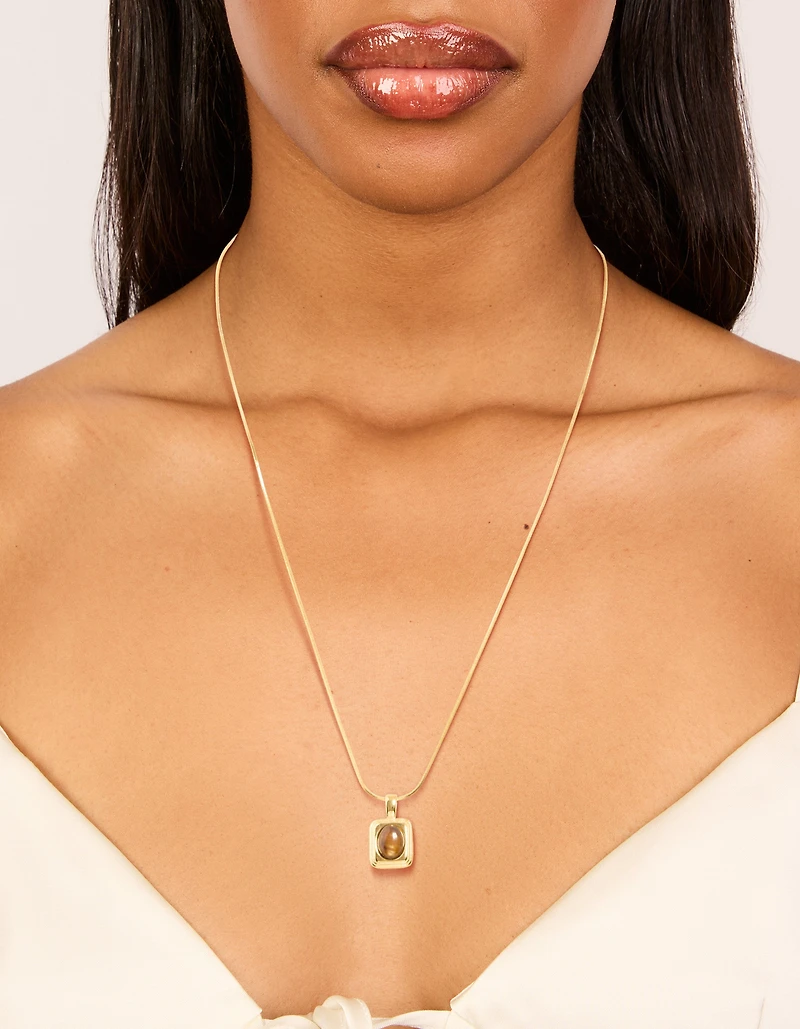 Waterproof Gold Plated Stainless Steel Tigers Eye Semi Precious Stone Disc Necklace