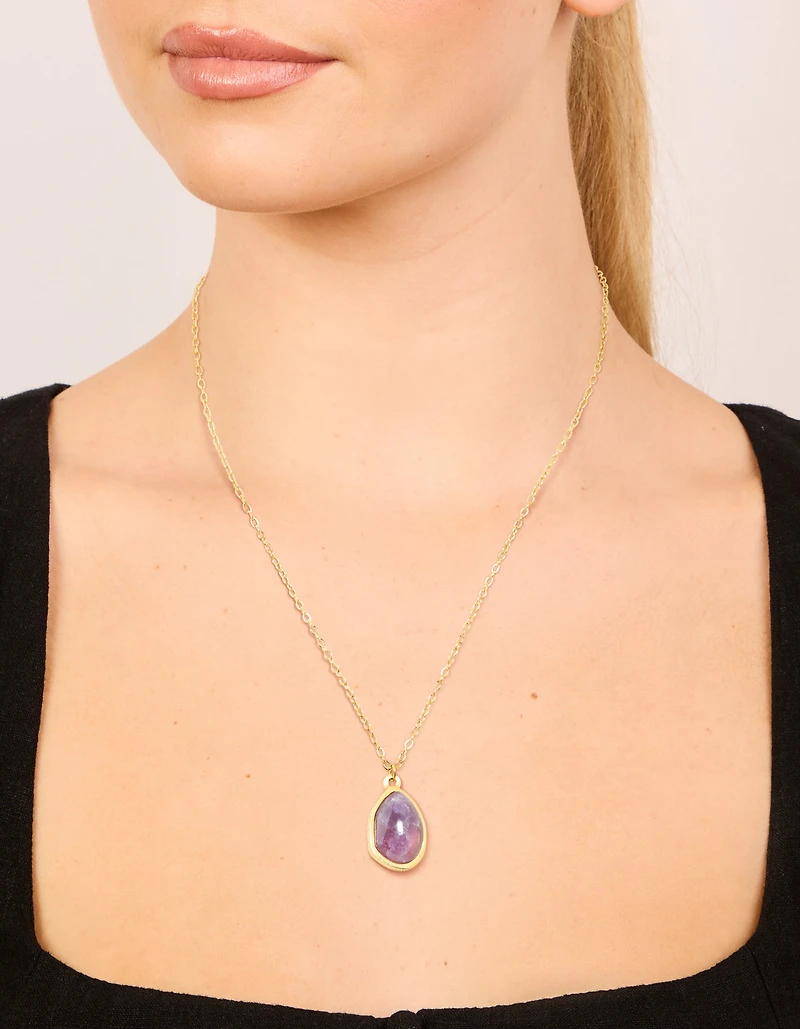 Waterproof Gold Plated Stainless Steel Amethyst Semi Precious Stone Pendant Necklace