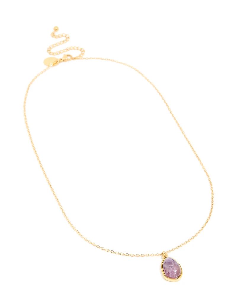 Waterproof Gold Plated Stainless Steel Amethyst Semi Precious Stone Pendant Necklace