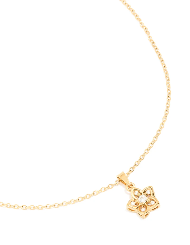 Waterproof Gold Plated Stainless Steel Cubic Zirconia Flower Outline Pendant Necklace