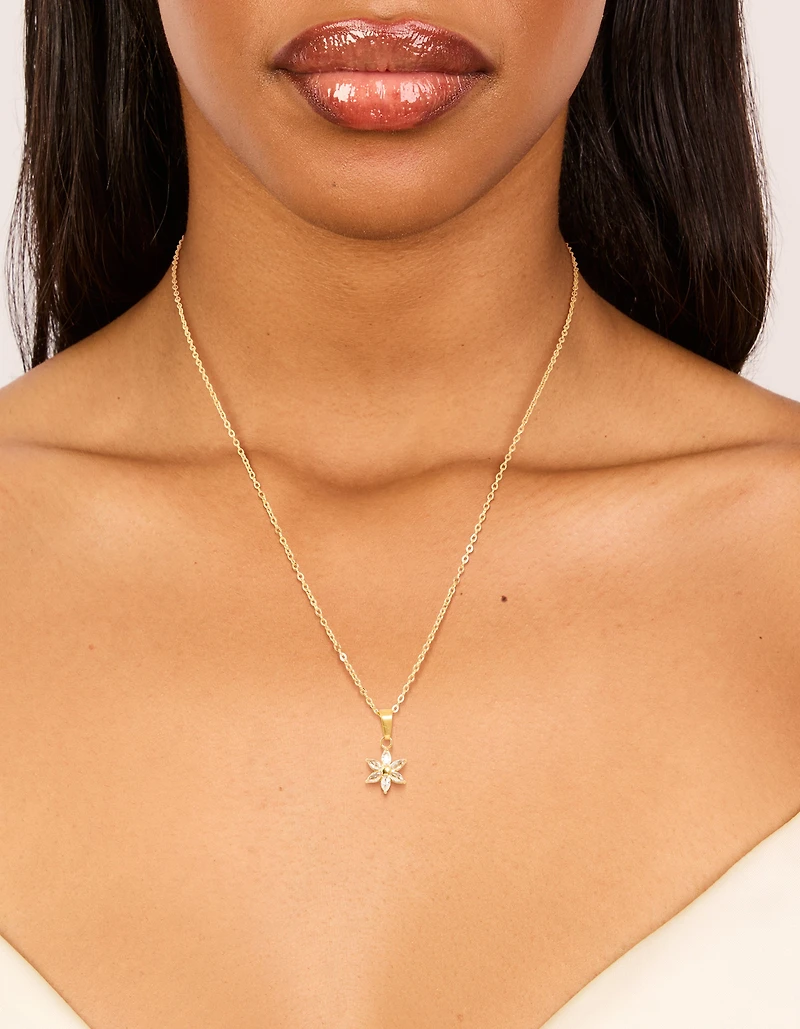 Waterproof Gold Plated Stainless Steel Cubic Zirconia Flower Pendant Necklace