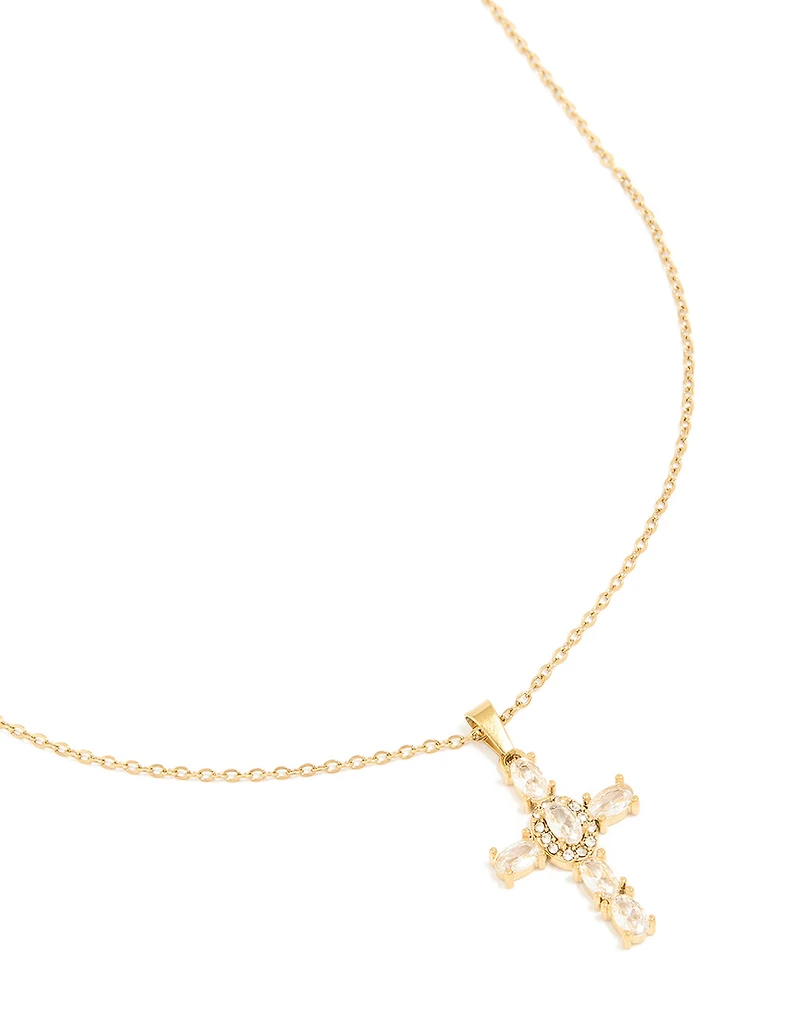Waterproof Gold Plated Stainless SteeL Cubic Zirconia Statement Cross Necklace