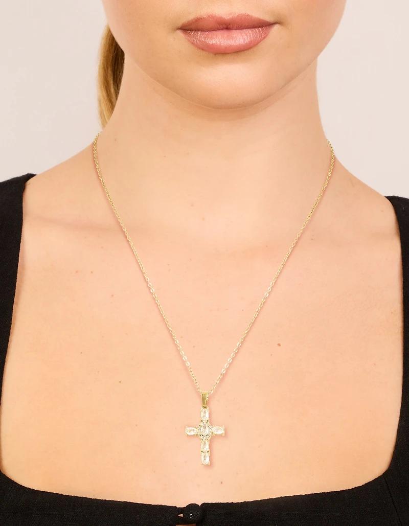 Waterproof Gold Plated Stainless SteeL Cubic Zirconia Statement Cross Necklace
