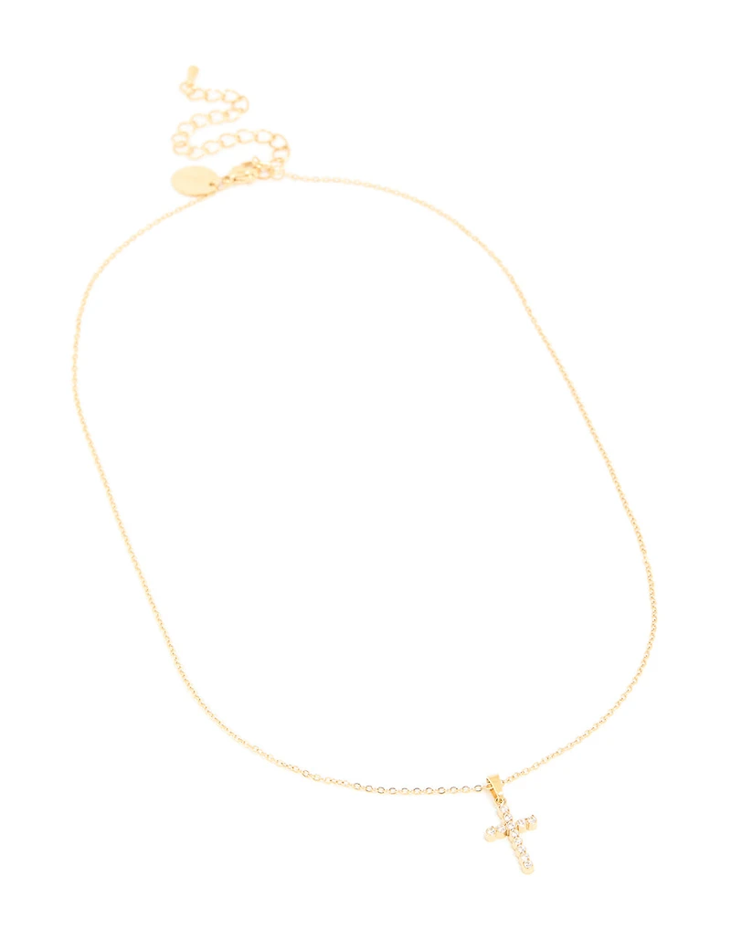 Waterproof Gold Plated Stainless Steel Cubic Zirconia Fine Cross Necklace