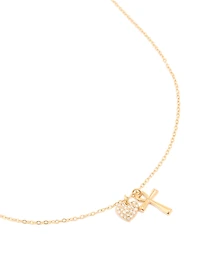 Waterproof Gold Plated Stainless Steel Cubic Zirconia Pave Cross & Heart Pendant Necklace