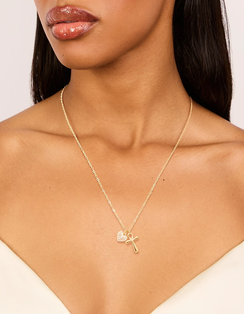 Waterproof Gold Plated Stainless Steel Cubic Zirconia Pave Cross & Heart Pendant Necklace