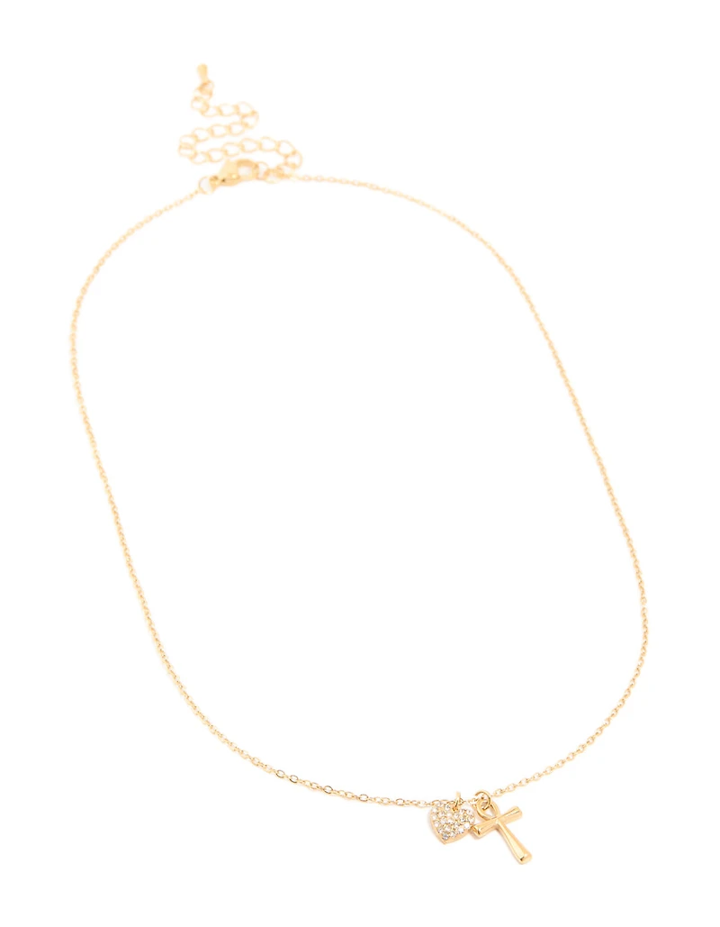 Waterproof Gold Plated Stainless Steel Cubic Zirconia Pave Cross & Heart Pendant Necklace