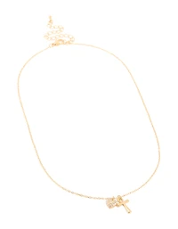 Waterproof Gold Plated Stainless Steel Cubic Zirconia Pave Cross & Heart Pendant Necklace