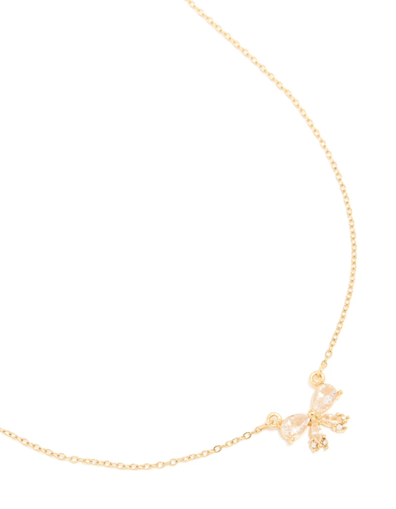 Waterproof Gold Plated Stainless Steel Cubic Zirconia Bow Pendant Necklace