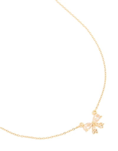 Waterproof Gold Plated Stainless Steel Cubic Zirconia Bow Pendant Necklace