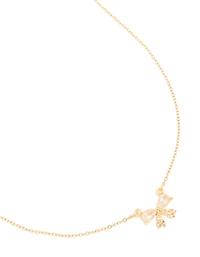 Waterproof Gold Plated Stainless Steel Cubic Zirconia Bow Pendant Necklace