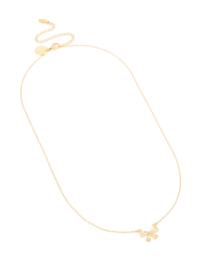 Waterproof Gold Plated Stainless Steel Cubic Zirconia Bow Pendant Necklace