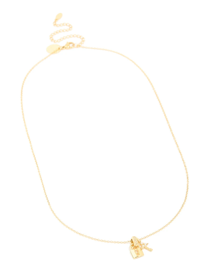 Waterproof Gold Plated Stainless Steel Cubic Zirconia Lock & Key Necklace