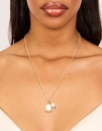 Waterproof Gold Plated Stainless Steel Pearl & Square Pendant Necklace Set